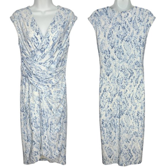 DKNY Gathered Faux Wrap Dress size 8 Blue Snake Print Surplice Tulip Skirt - Picture 7 of 9